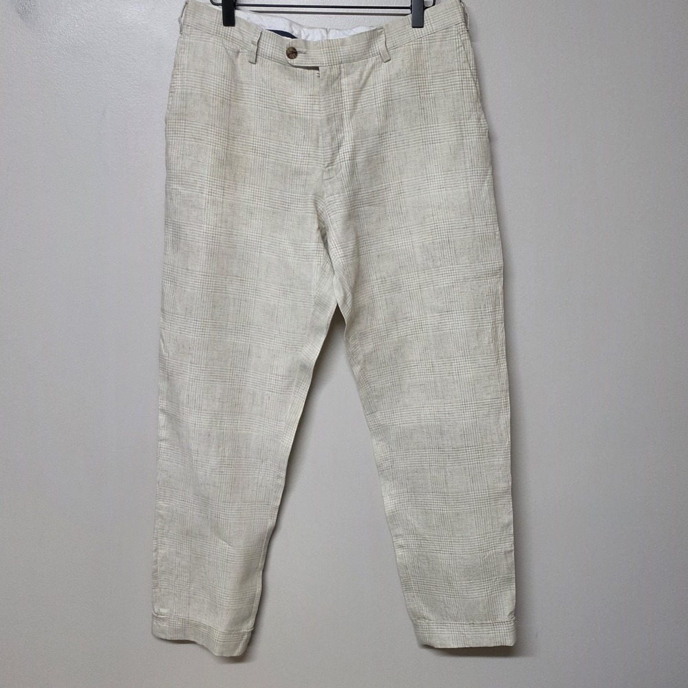 Suitsupply T.B.M. Mens Pure Linen Plaid Dress Pants Beige Tan Flat Front Trouser